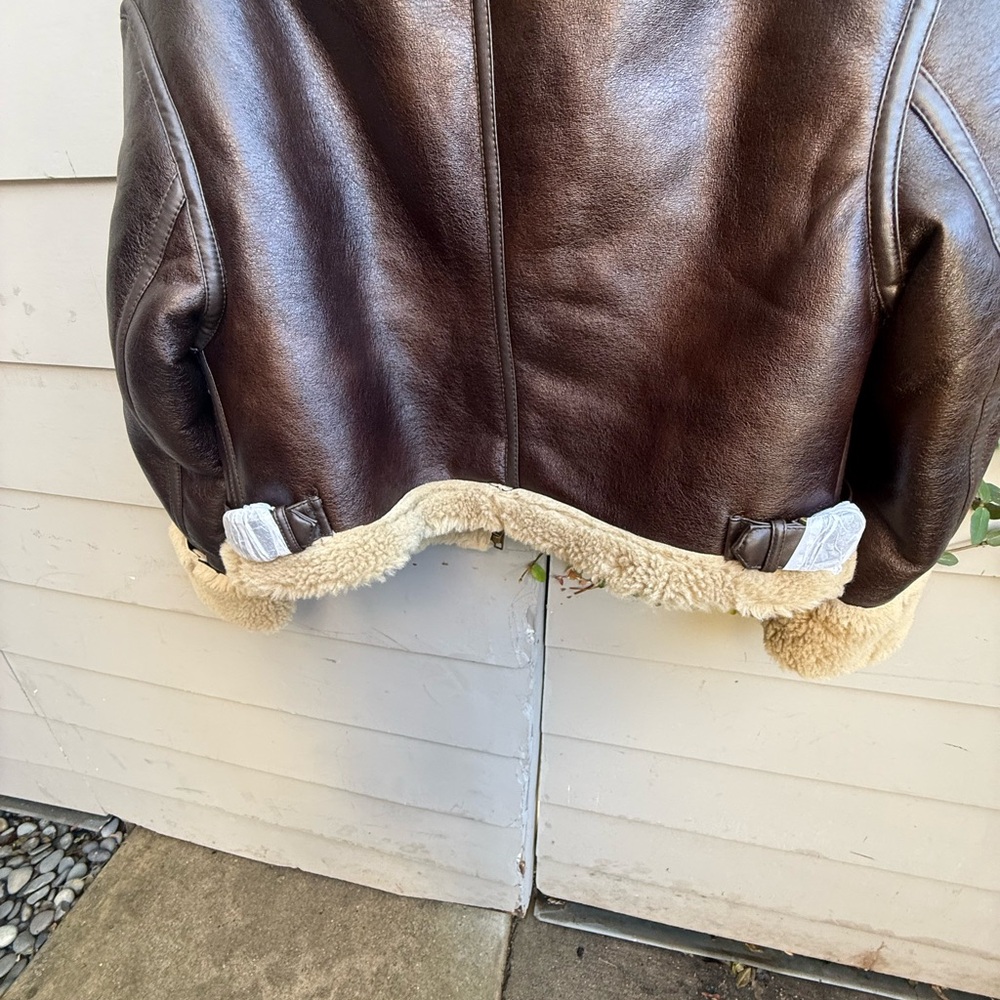 Brown Faux Leather Drop Shoulder Jacket with Cream Shearling - Picture 4 of 6